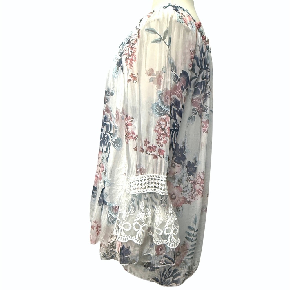 Belle France Silk Floral Boho Blouse XL Bell Sleeve Lace Boho Fairy Cottagecore - Picture 4 of 11